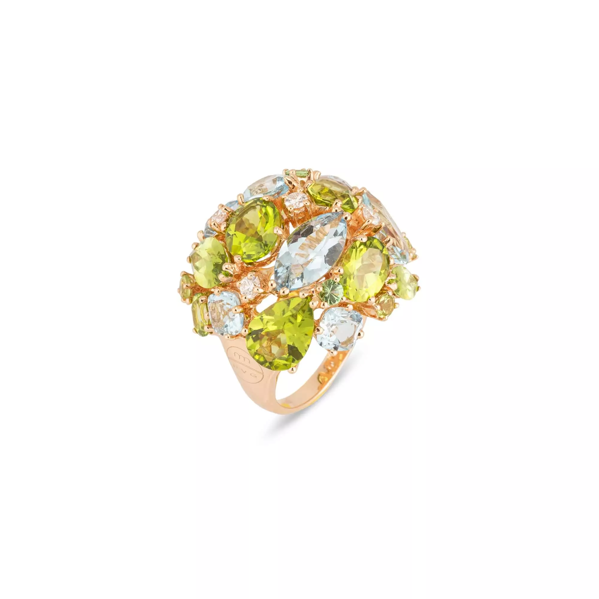 Ring aus 18 Karat Roségold mit Peridot, Topas, Granat und Diamanten