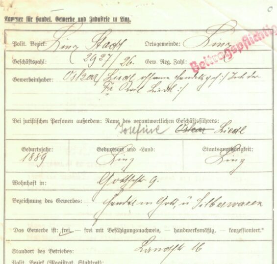 Gewerbeanmeldung durch Oskar Liedl