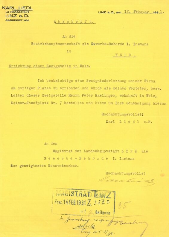 Antrag Karl Liedl für die Errichtung einer Zweigstelle in Wels