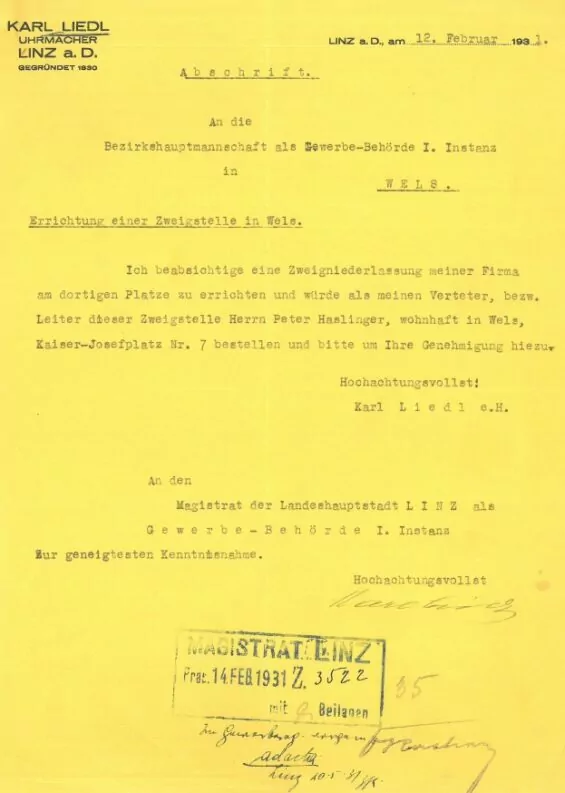 Antrag Karl Liedl für die Errichtung einer Zweigstelle in Wels