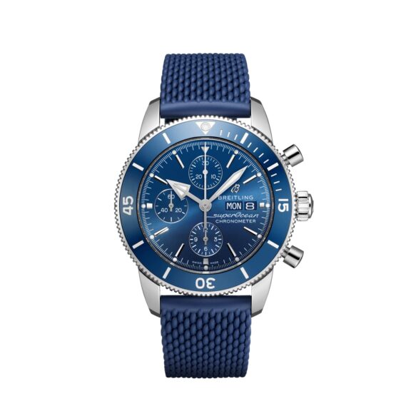 Breitling Superocean Heritage Chronograph 44 mit Edelstahlgehäuse und Kautschukband und blauem Zifferblatt