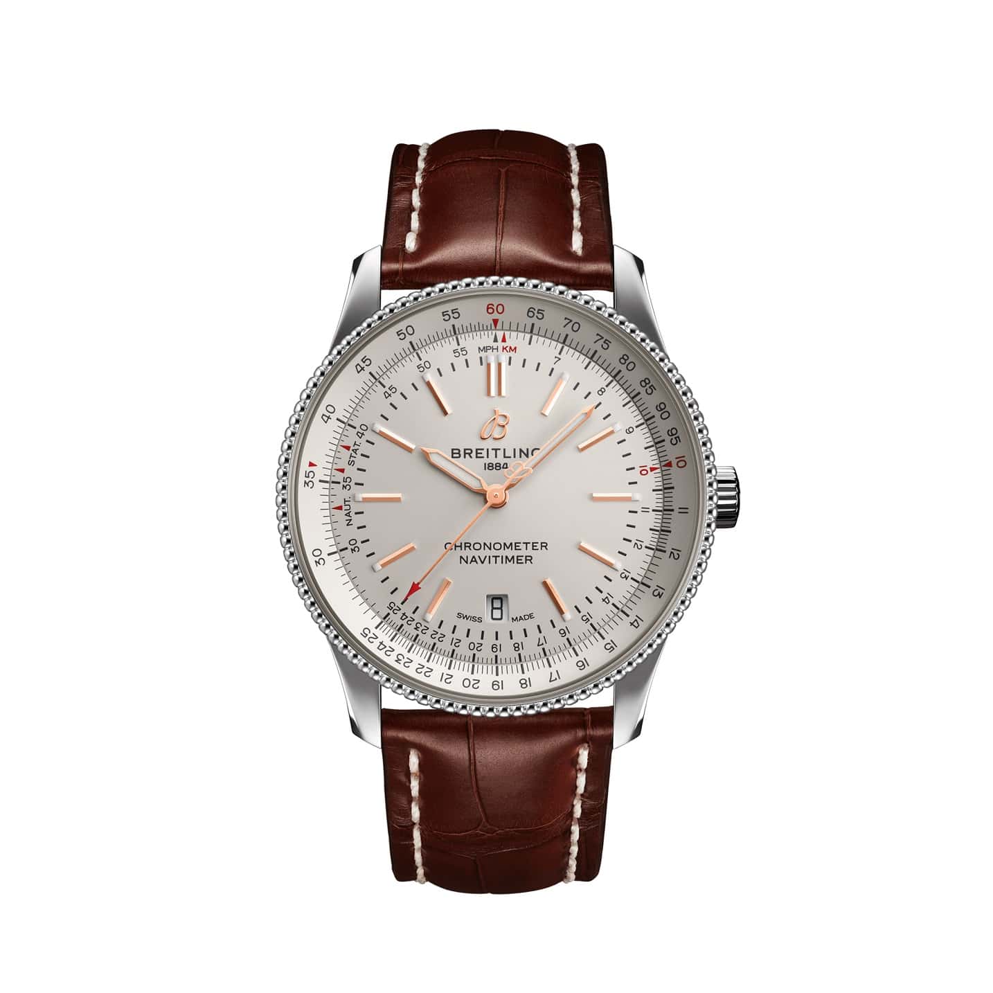 Breitling Navitimer Automatic 41 mit Edelstahlgehäuse und Lederband und silbernem Zifferblatt