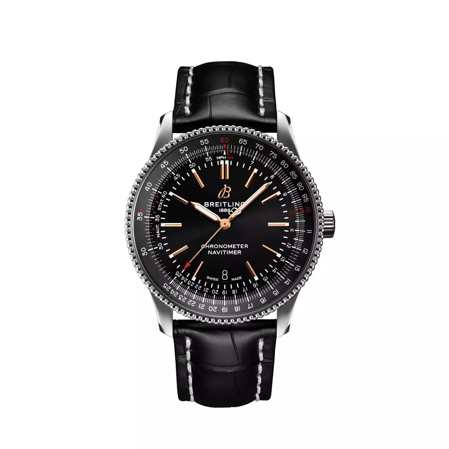 Breitling Navitimer Automatic 41 mit Edelstahlgehäuse und Lederband und schwarzem Zifferblatt