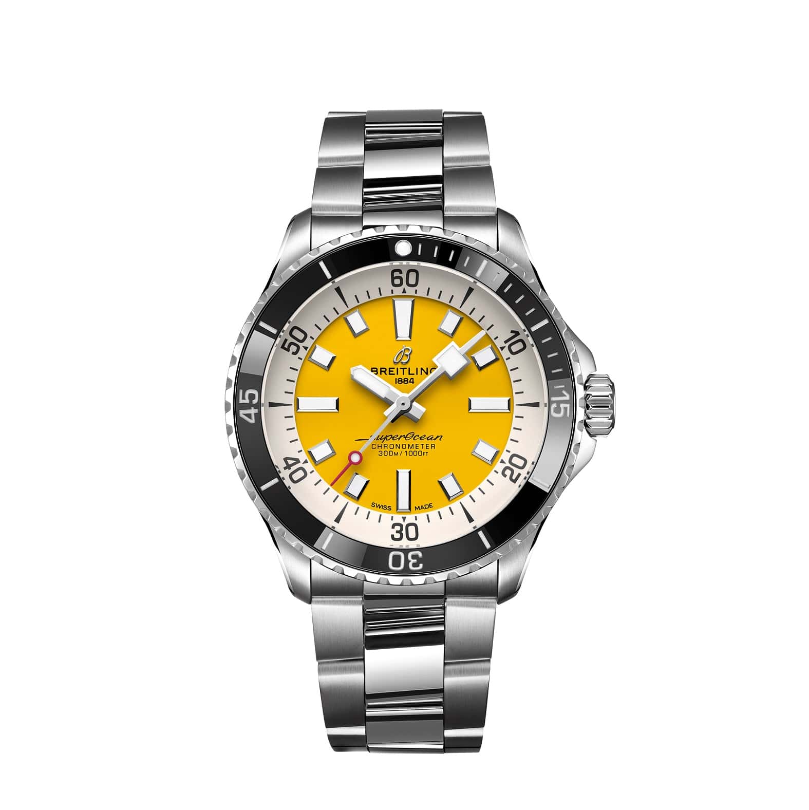 Breitling Superocean Automatic 42 mit Gehäuse und Band aus Edelstahl und gelbem Zifferblatt