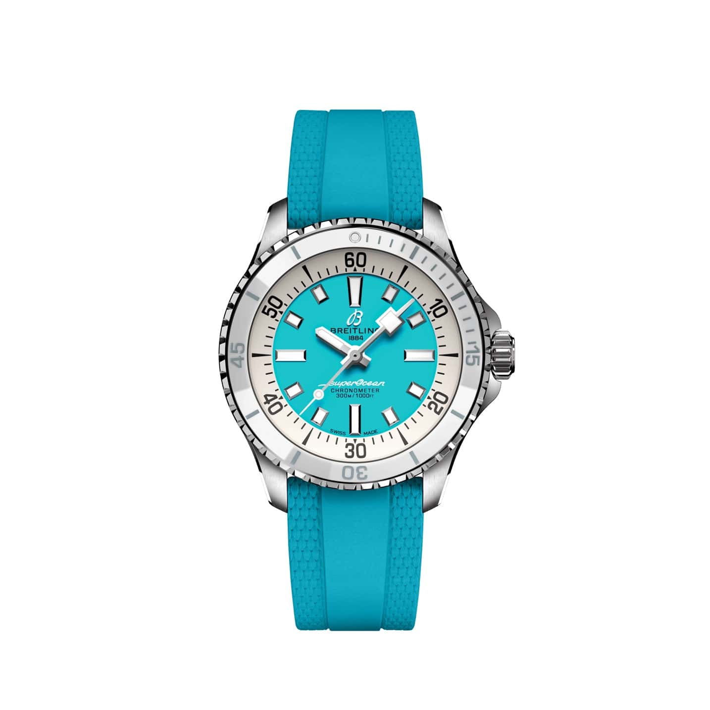 Breitling Superocean Automatic 36 mit Edelstahlgehäuse und Kautschukband und türkisem Zifferblatt