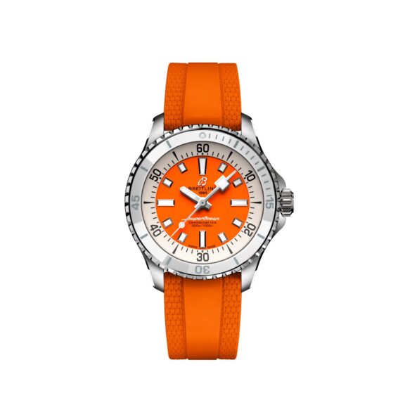 Breitling Superocean Automatic 36 mit Edelstahlgehäuse und Kautschukband und orangem Zifferblatt