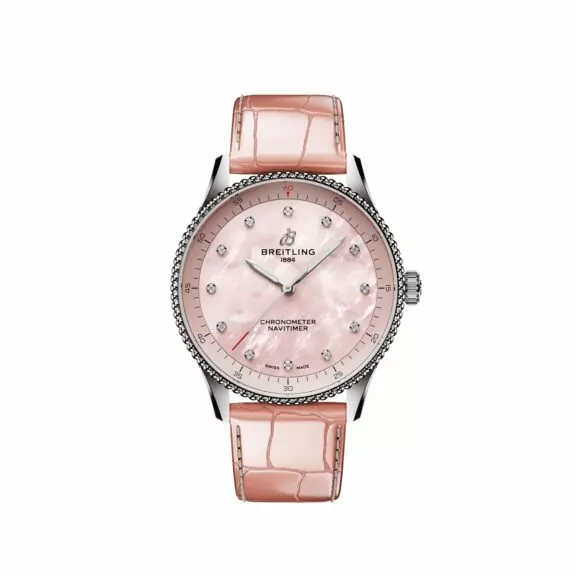 Breitling Navitimer 32 mit Edelstahlgehäuse und Lederband und rosa Zifferblatt