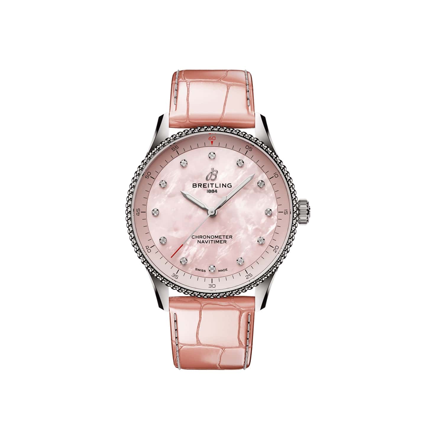 Breitling Navitimer 32 mit Edelstahlgehäuse und Lederband und rosa Zifferblatt