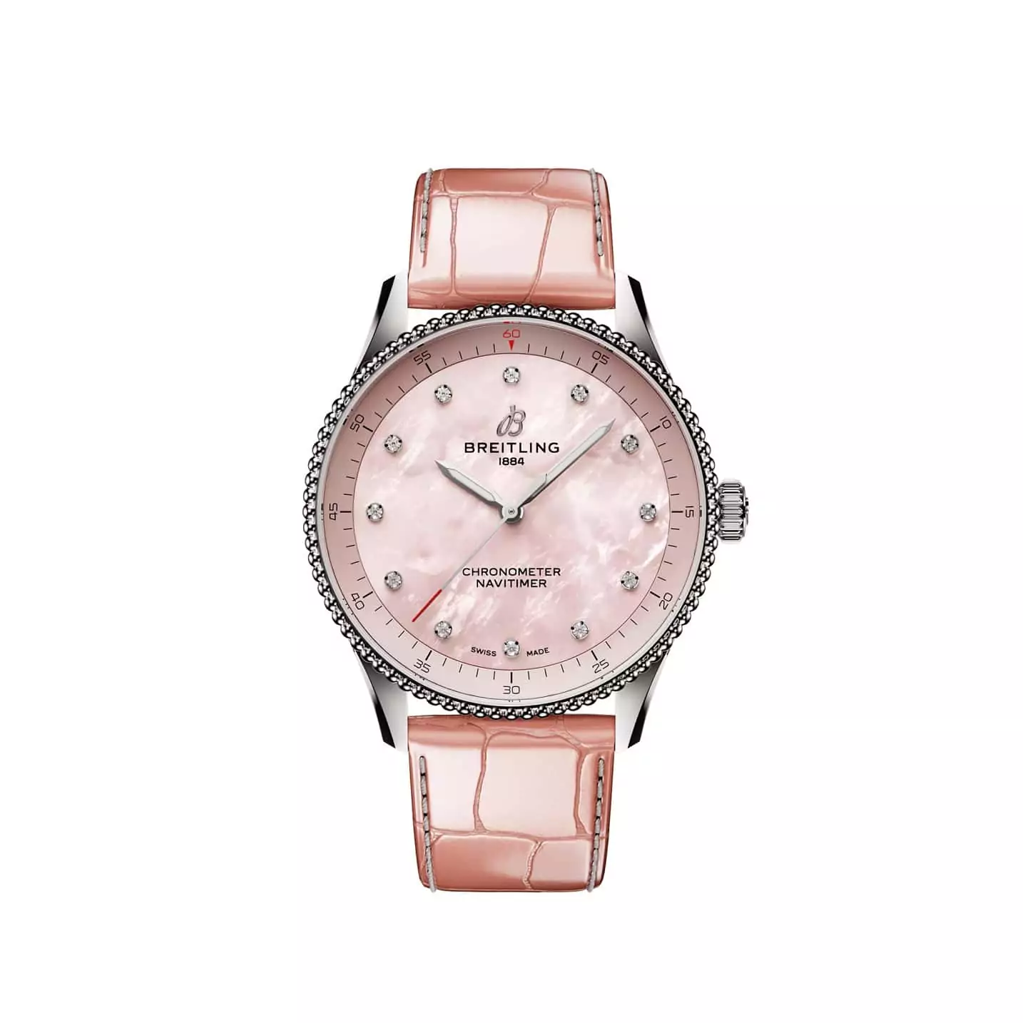 Breitling Navitimer 32 mit Edelstahlgehäuse und Lederband und rosa Zifferblatt