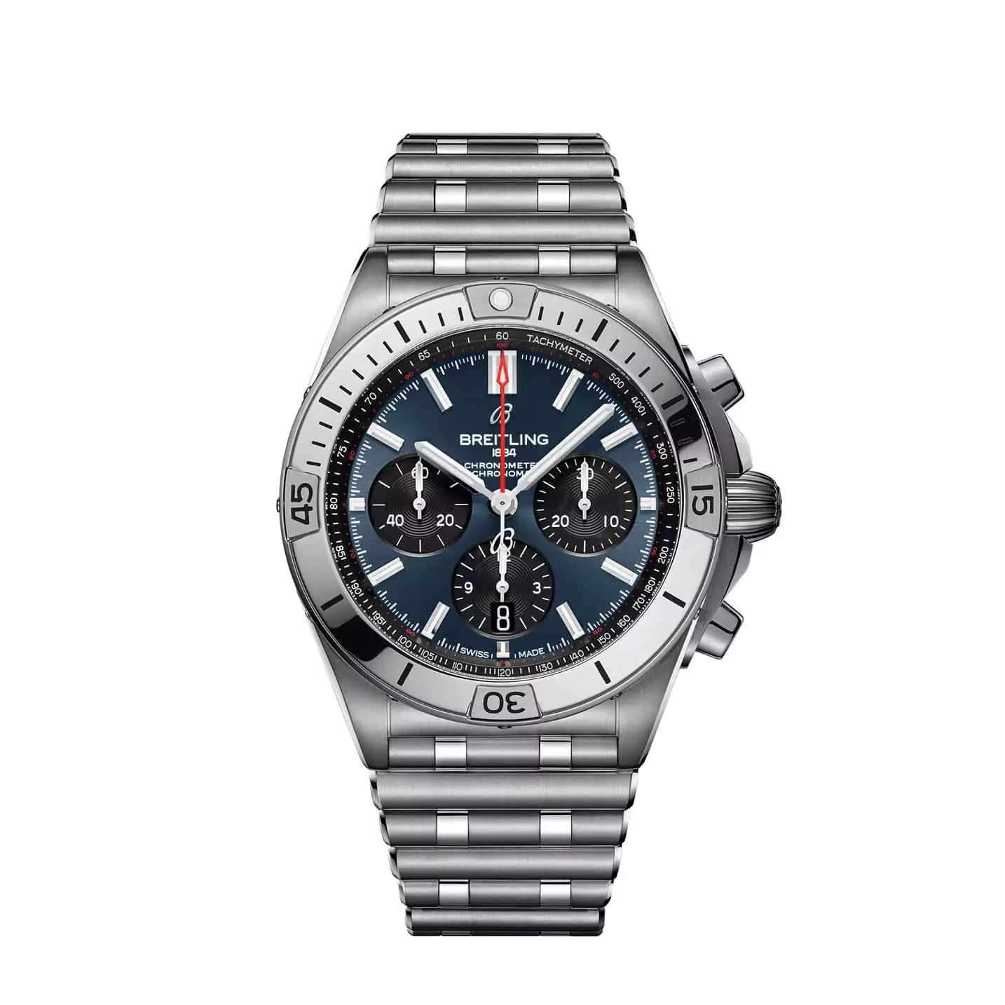 Breitling Chronomat B01 42 mit Gehäuse und Band aus Edelstahl mit blauem Zifferblatt