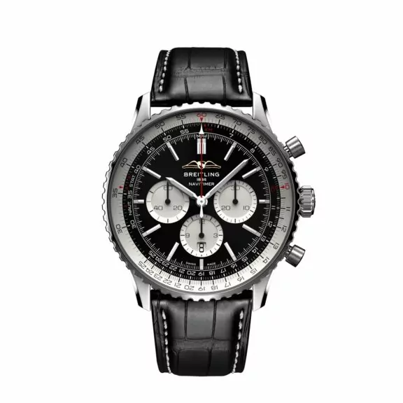 Breitling Navitimer B01 Chronograph 46 mit Edelstahlgehäuse und Lederband und schwarzem Zifferblatt