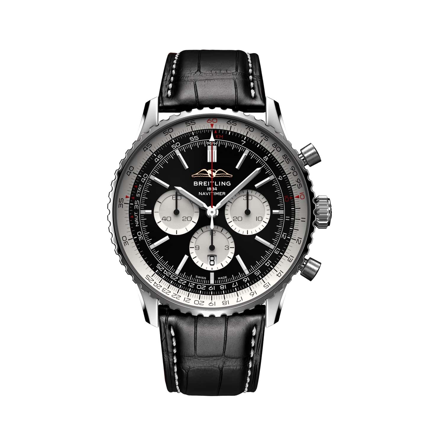 Breitling Navitimer B01 Chronograph 46 mit Edelstahlgehäuse und Lederband und schwarzem Zifferblatt