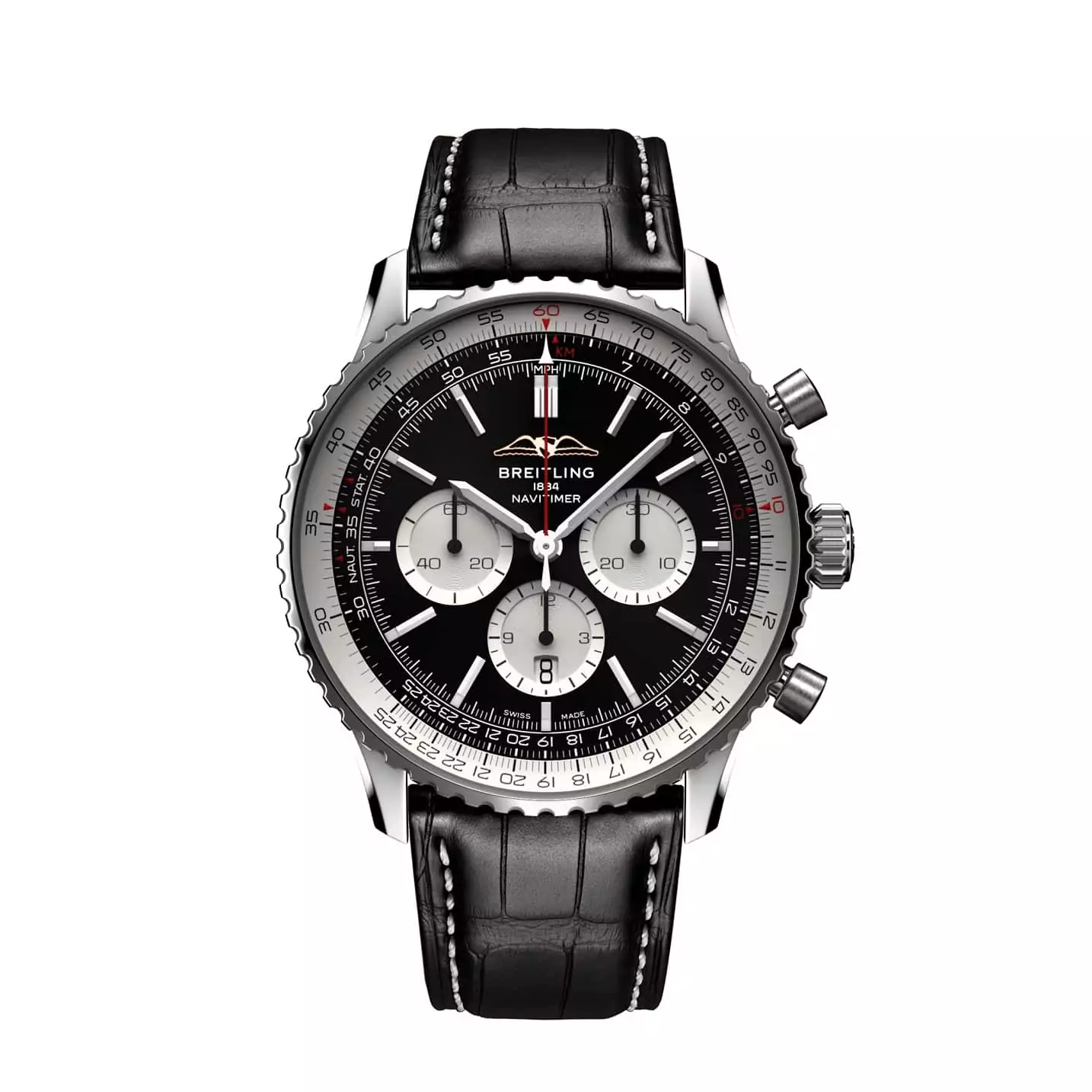 Breitling Navitimer B01 Chronograph 46 mit Edelstahlgehäuse und Lederband und schwarzem Zifferblatt