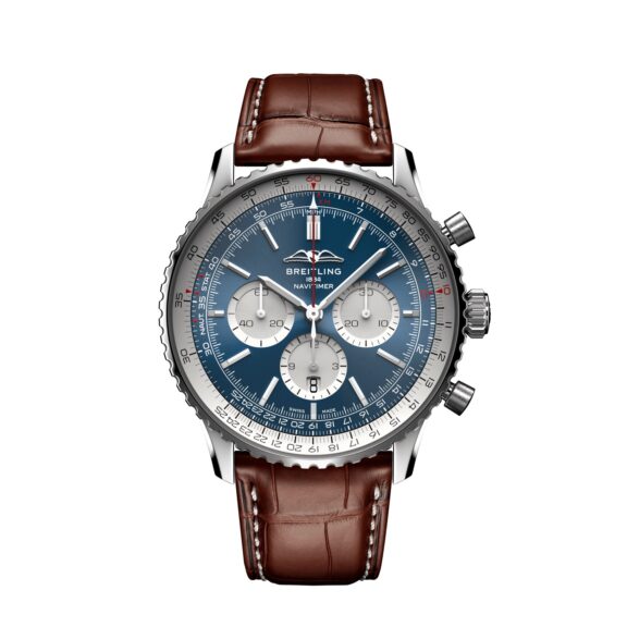 Breitling Navitimer B01 Chronograph 46 mit Edelstahlgehäuse und Lederband und blauem Zifferblatt