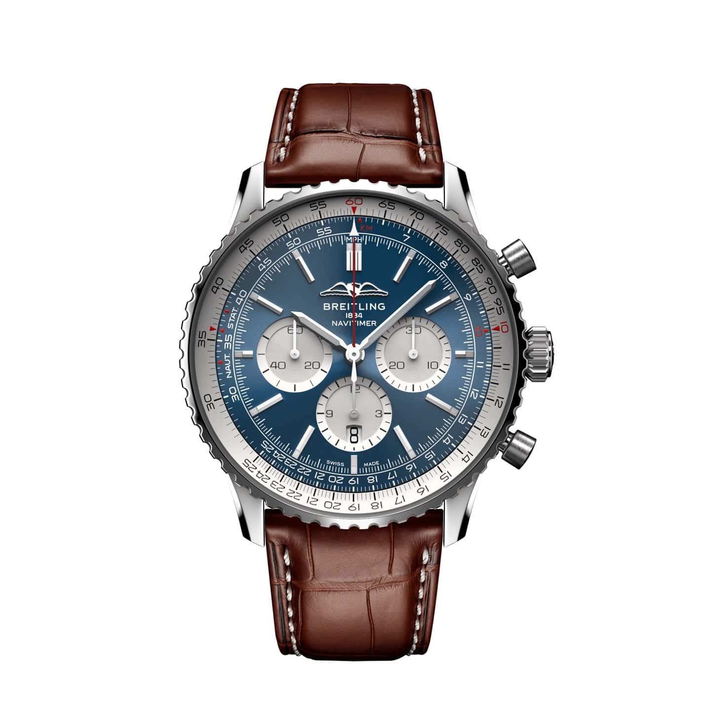 Breitling Navitimer B01 Chronograph 46 mit Edelstahlgehäuse und Lederband und blauem Zifferblatt