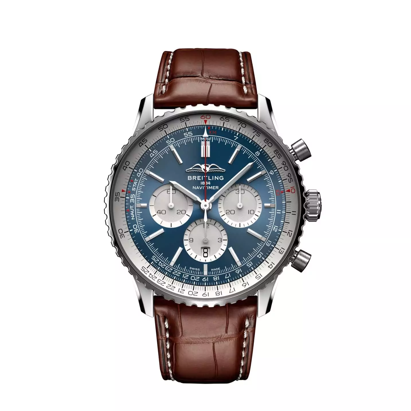 Breitling Navitimer B01 Chronograph 46 mit Edelstahlgehäuse und Lederband und blauem Zifferblatt