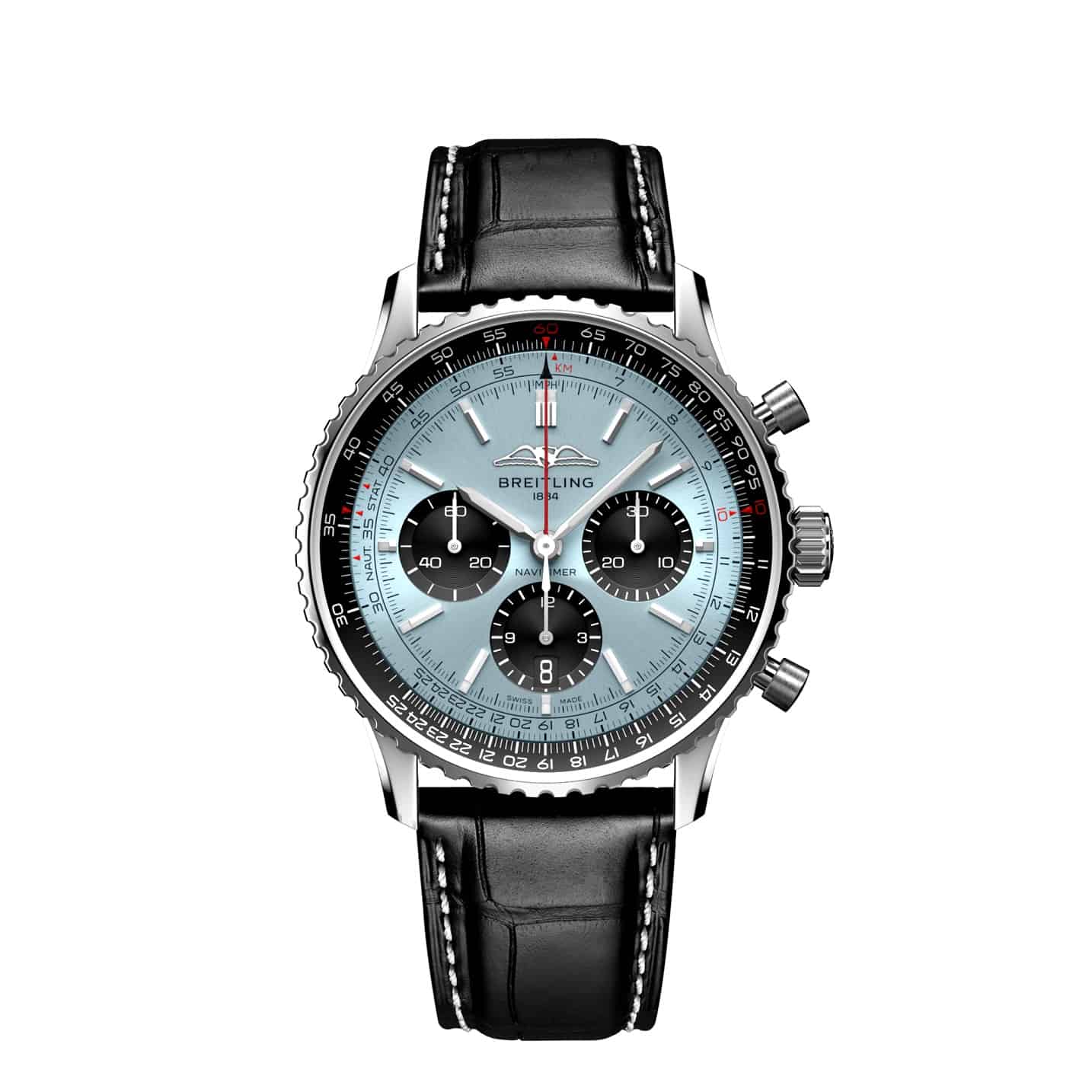 Breitling Navitimer B01 Chronograph 43 mit Edelstahlgehäuse und Lederband und blauem Zifferblatt