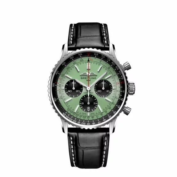 Breitling Navitimer B01 Chronograph 43 mit Edelstahlgehäuse und Lederband und grünem Zifferblatt
