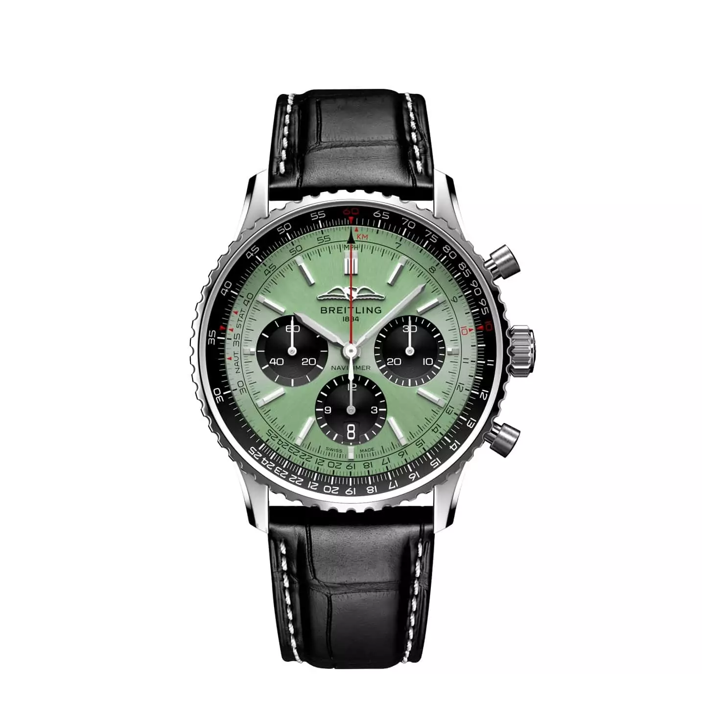 Breitling Navitimer B01 Chronograph 43 mit Edelstahlgehäuse und Lederband und grünem Zifferblatt