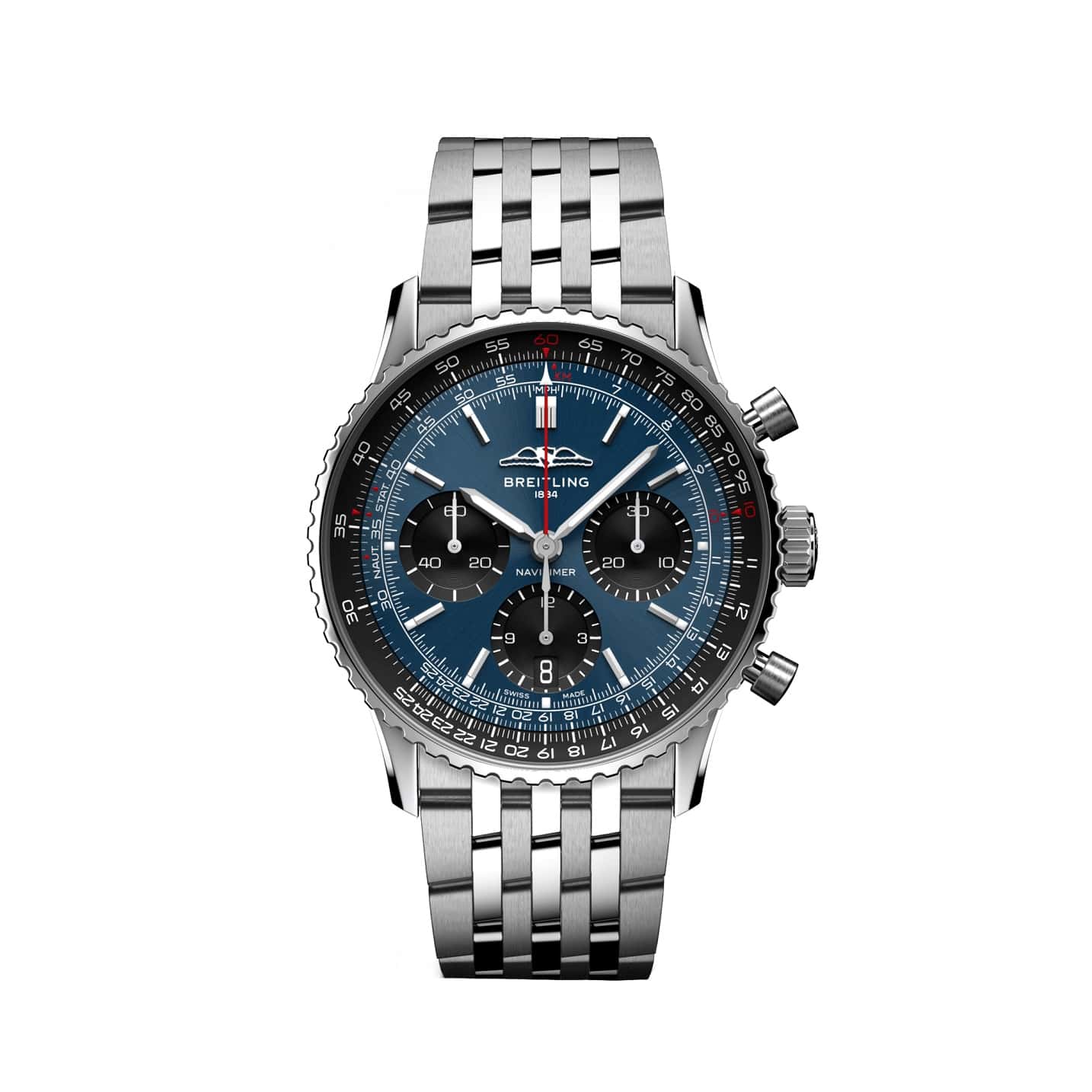 Breitling Navitimer B01 Chronograph 41 mit Gehäuse und Band aus Edelstahl und blauem Zifferblatt