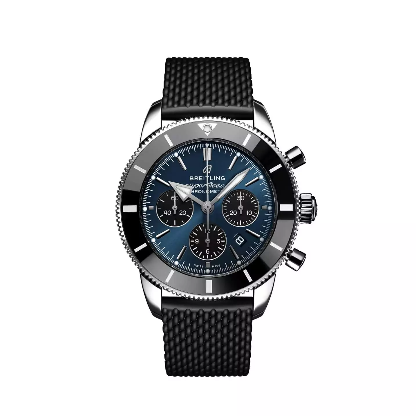 Breitling Superocean Heritage B01 Chronograph 44 mit Edelstahlgehäuse und Kautschukband und blauem Zifferblatt