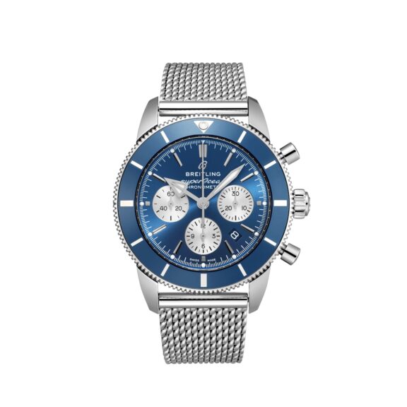 Breitling Superocean Heritage B01 Chronograph 44 mit Gehäuse und Band aus Edelstahl und blauem Zifferblatt