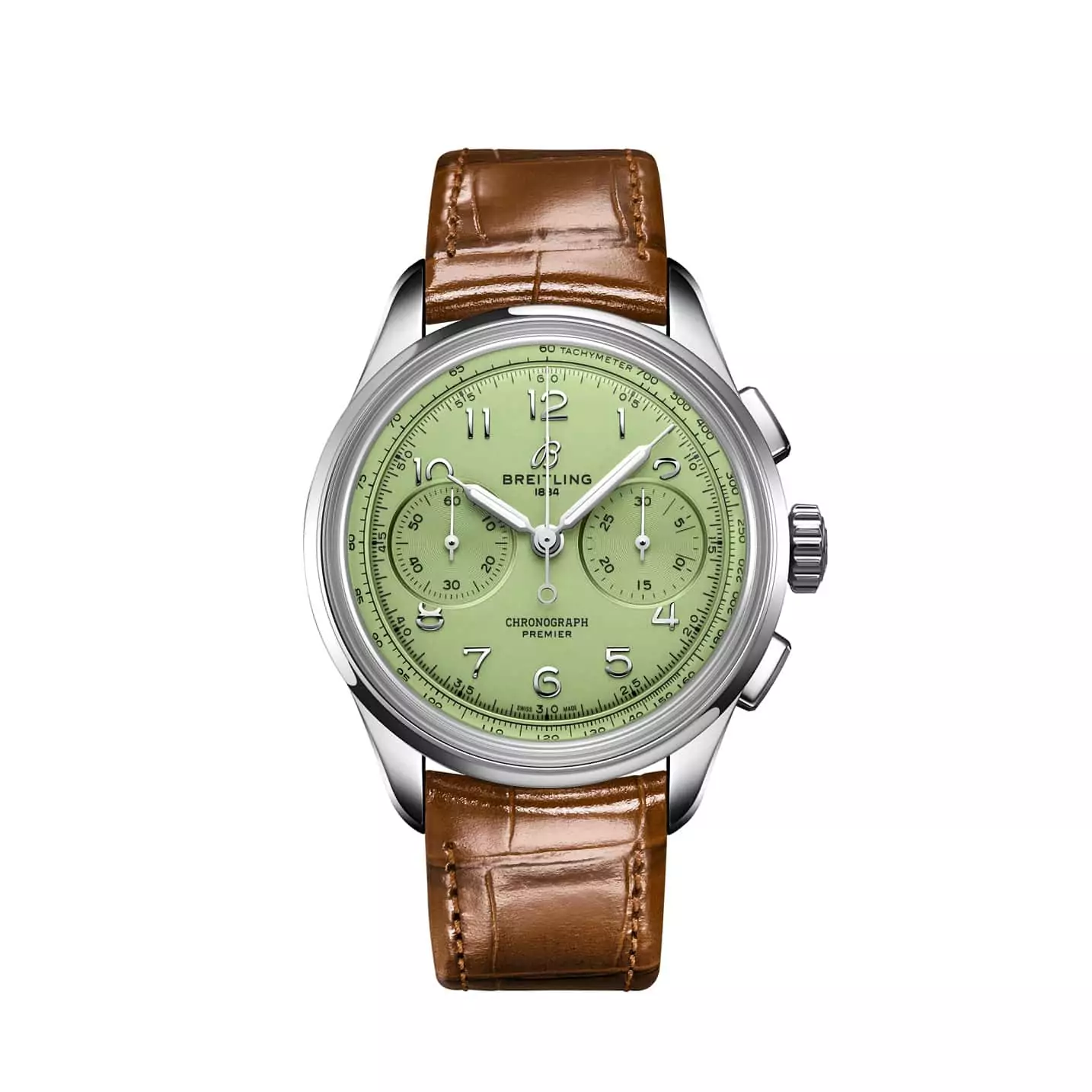 Breitling Premier B09 Chronograph 40 mit Edelstahlgehäuse und Lederband und grünem Zifferblatt