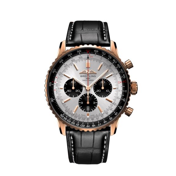 Breitling Navitimer B01 Chronograph 46 mit Rotgoldgehäuse und Lederband und silbernem Zifferblatt