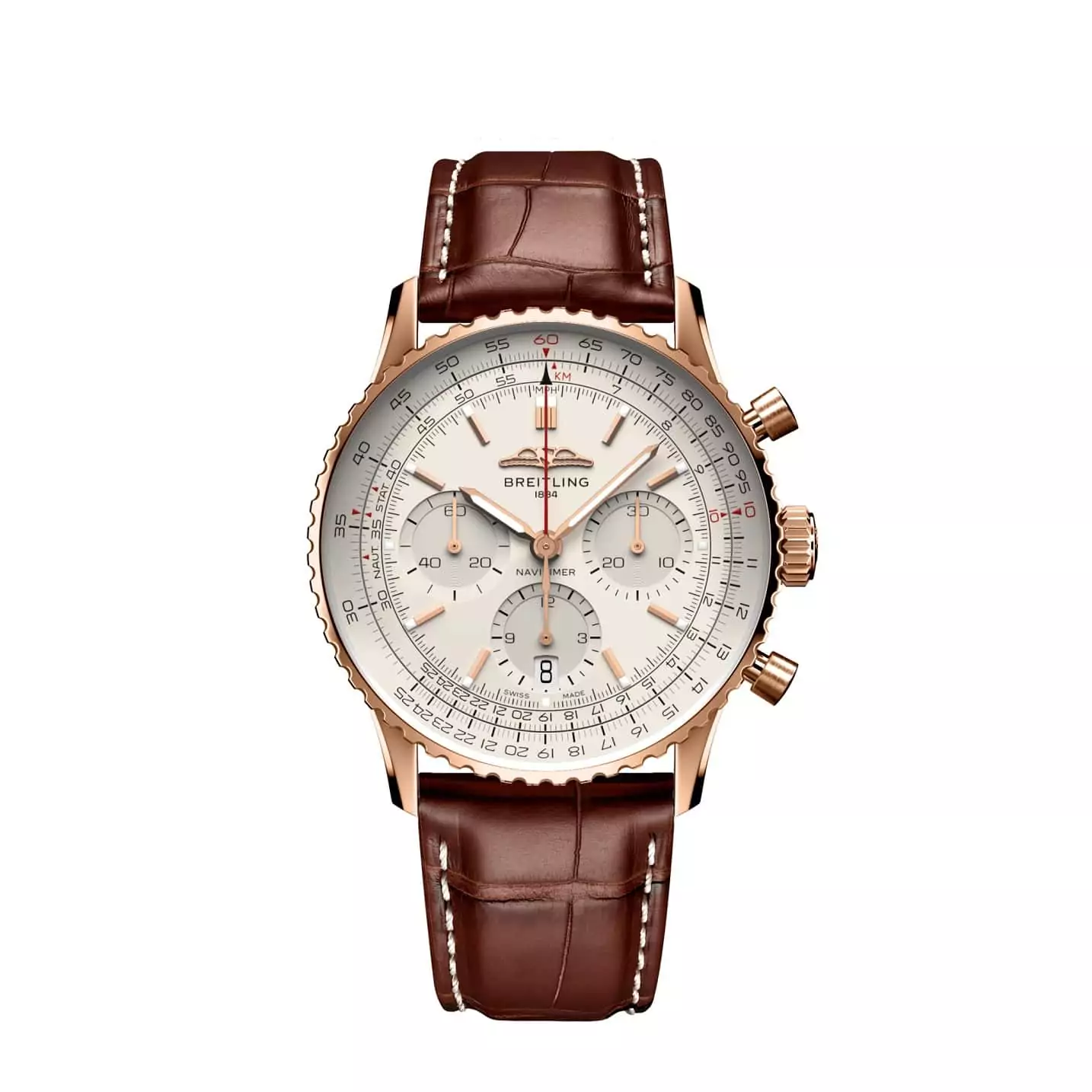 Breitling Navitimer B01 Chronograph 41 mit Rotgoldgehäuse und Lederband und silbernem Zifferblatt
