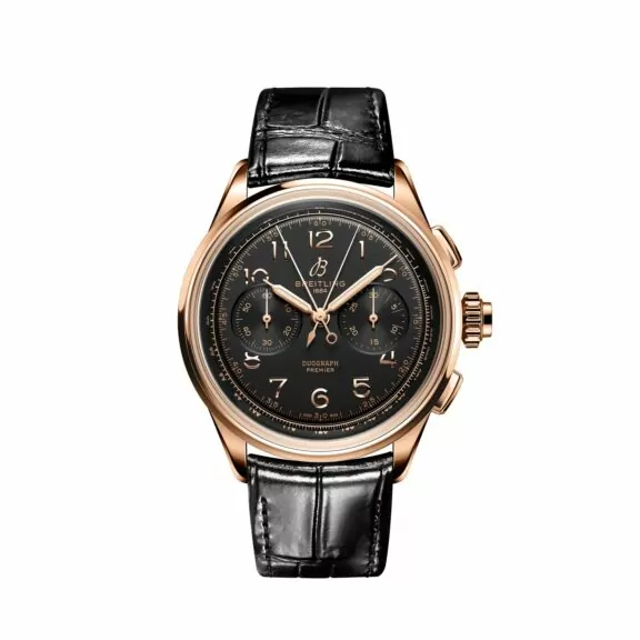 Breitling Premier B15 Duograph 42 mit Edelstahlgehäuse und Lederband und schwarzem Zifferblatt