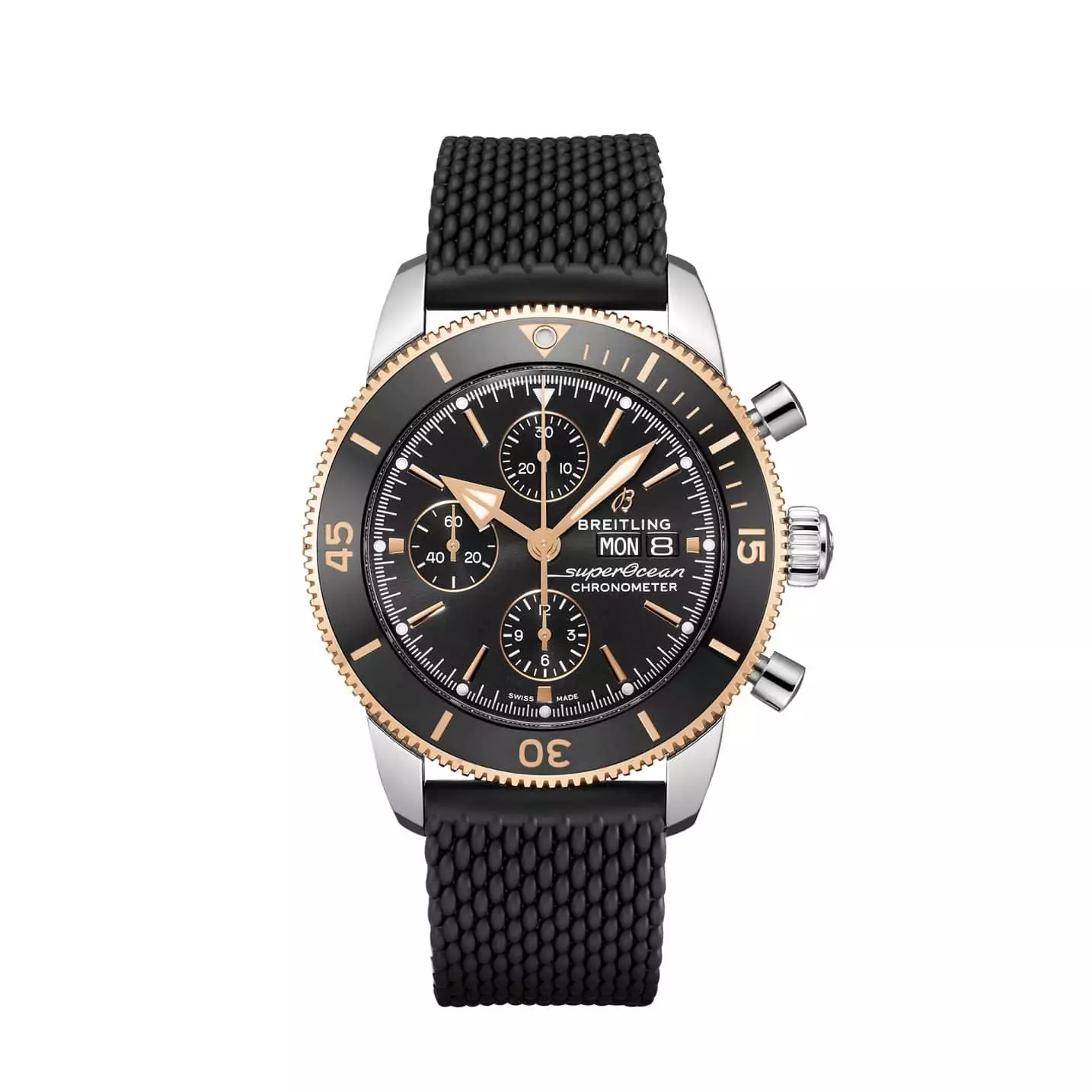 Breitling Superocean Heritage Chronograph 44 mit Edelstahlgehäuse und Kautschukband und schwarzem Zifferblatt