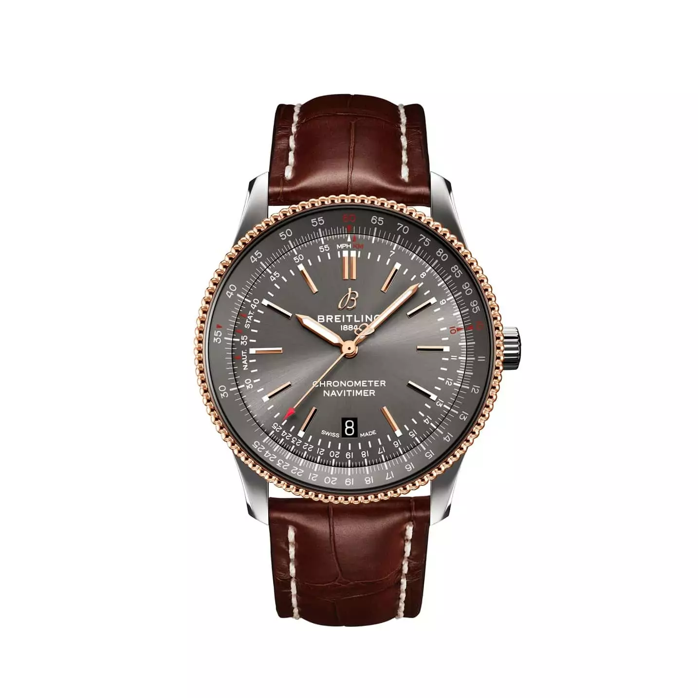 Breitling Navitimer Automatic 41 mit Gehäuse aus Edelstahl mit Rotgold und Lederband sowie grauem Zifferblatt