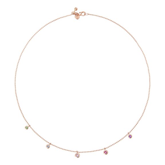 Dodo Collier aus 9 Karat Roségold mit Saphir, Rubin, Tsavorit, Topas und Amethyst