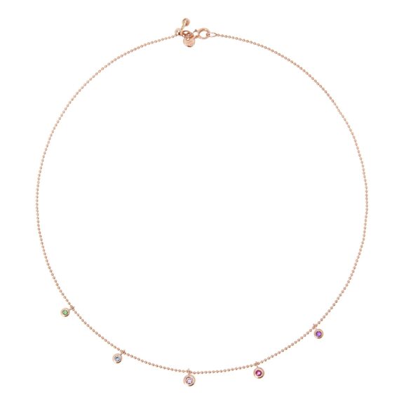 Dodo Collier aus 9 Karat Roségold mit Saphir, Rubin, Tsavorit, Topas und Amethyst