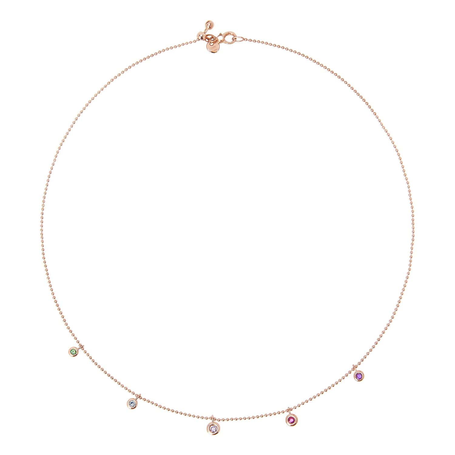 Dodo Collier aus 9 Karat Roségold mit Saphir, Rubin, Tsavorit, Topas und Amethyst