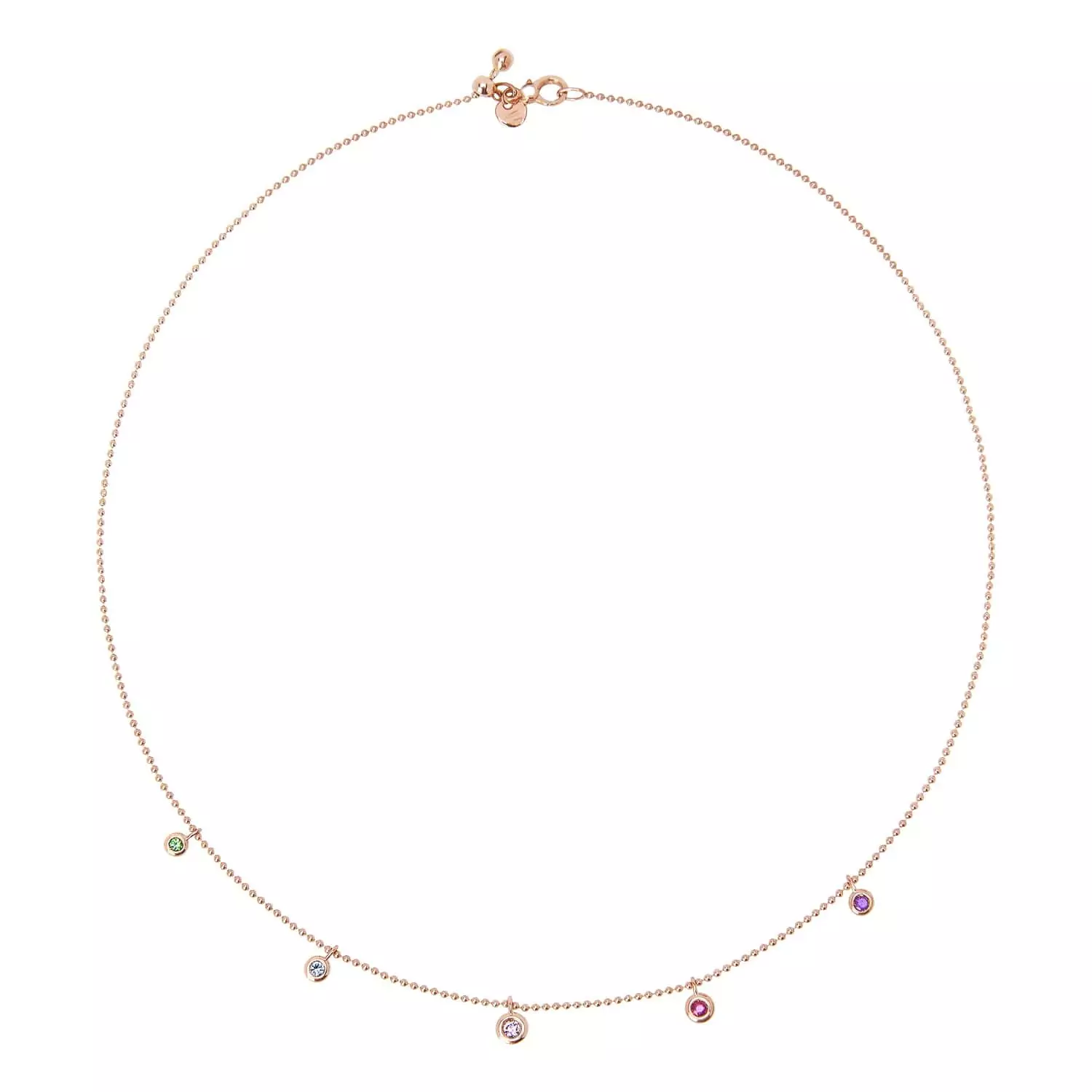 Dodo Collier aus 9 Karat Roségold mit Saphir, Rubin, Tsavorit, Topas und Amethyst