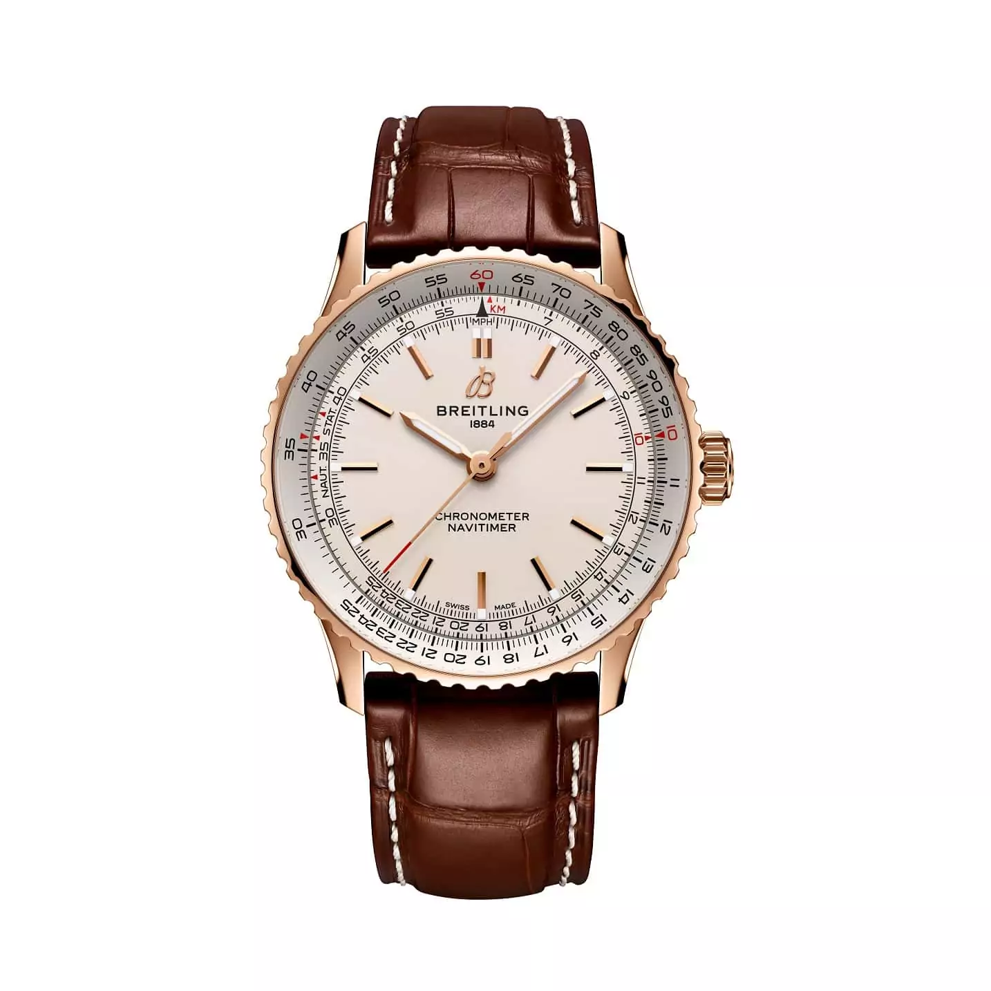 Breitling Navitimer Automatic 41 mit Gehäuse aus Rotgold und Lederband