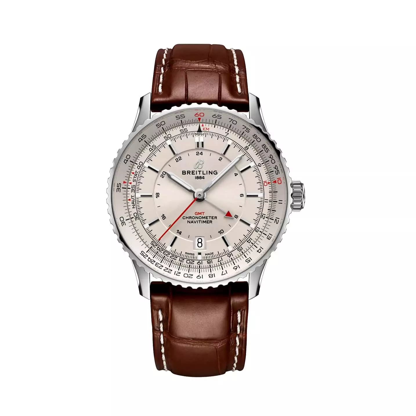 Breitling Navitimer Automatic GMT 41 mit Edelstahlgehäuse und Lederband