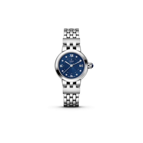 Tudor Clair de Rose mit 26 Millimeter Gehäuse und Band aus Edelstahl, Diamantindizes und blauem Zifferblatt