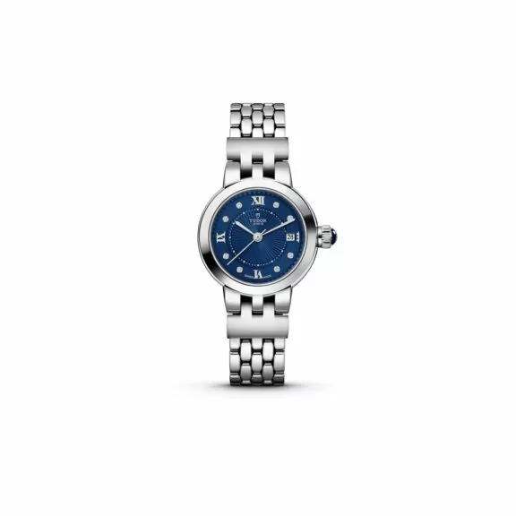 Tudor Clair de Rose mit 26 Millimeter Gehäuse und Band aus Edelstahl, Diamantindizes und blauem Zifferblatt