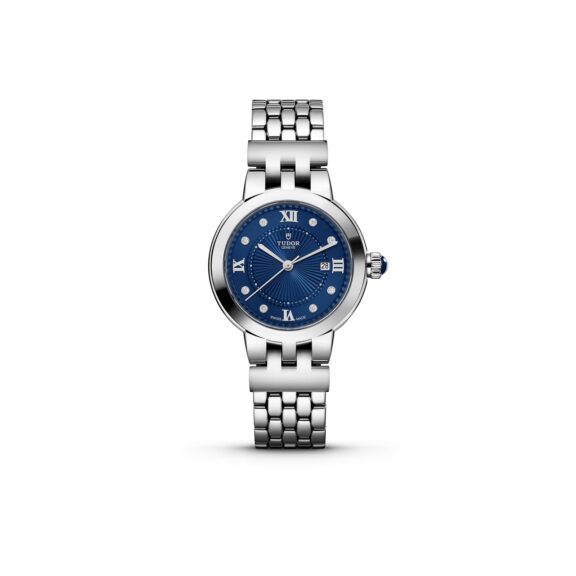 Tudor Clair de Rose mit 30 Millimeter Gehäuse und Band aus Edelstahl, Diamantindizes und blauem Zifferblatt