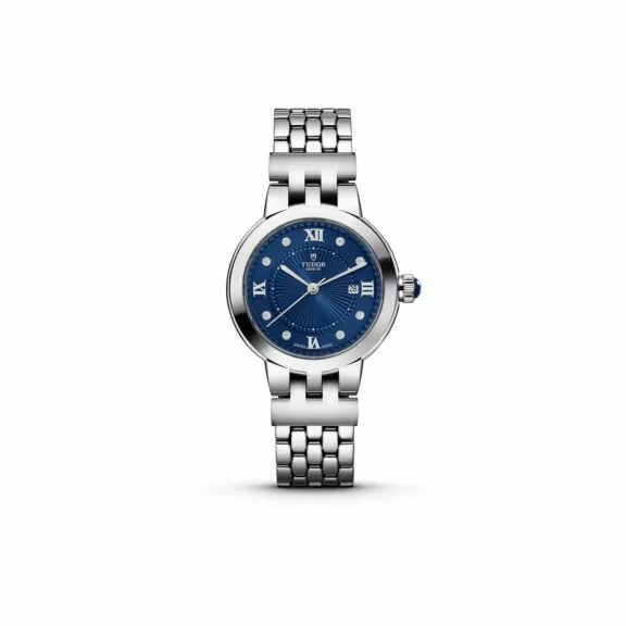 Tudor Clair de Rose mit 30 Millimeter Gehäuse und Band aus Edelstahl, Diamantindizes und blauem Zifferblatt