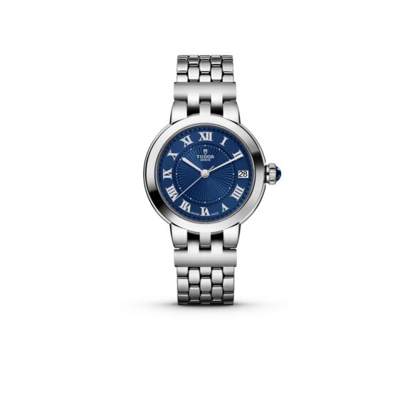 Tudor Clair de Rose mit 34 Millimeter Gehäuse und Band aus Edelstahl und blauem Zifferblatt