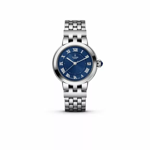 Tudor Clair de Rose mit 34 Millimeter Gehäuse und Band aus Edelstahl und blauem Zifferblatt