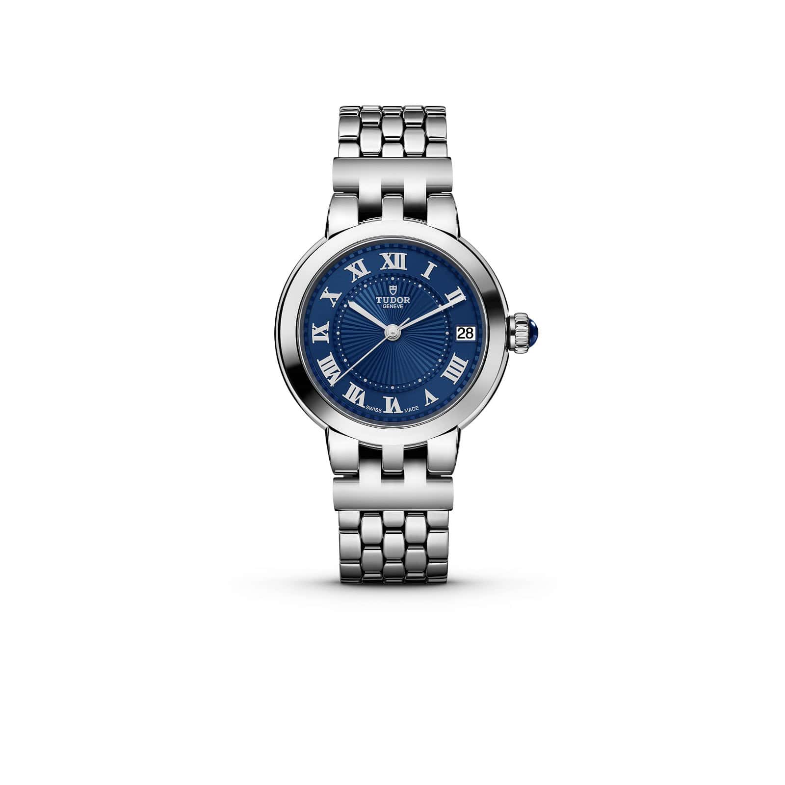 Tudor Clair de Rose mit 34 Millimeter Gehäuse und Band aus Edelstahl und blauem Zifferblatt