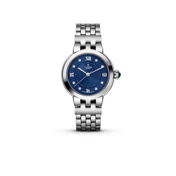 Tudor Clair de Rose mit 34 Millimeter Gehäuse und Band aus Edelstahl, Diamantindizes und blauem Zifferblatt