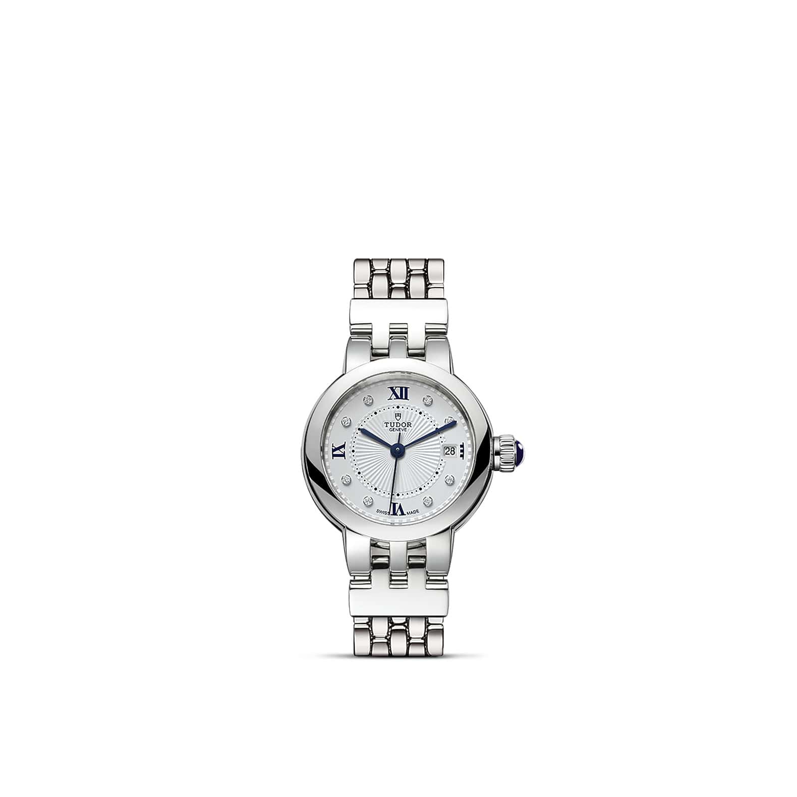 Tudor Clair de Rose mit 26 Millimeter Gehäuse und Band aus Edelstahl, Diamantindizes und silbernem Zifferblatt
