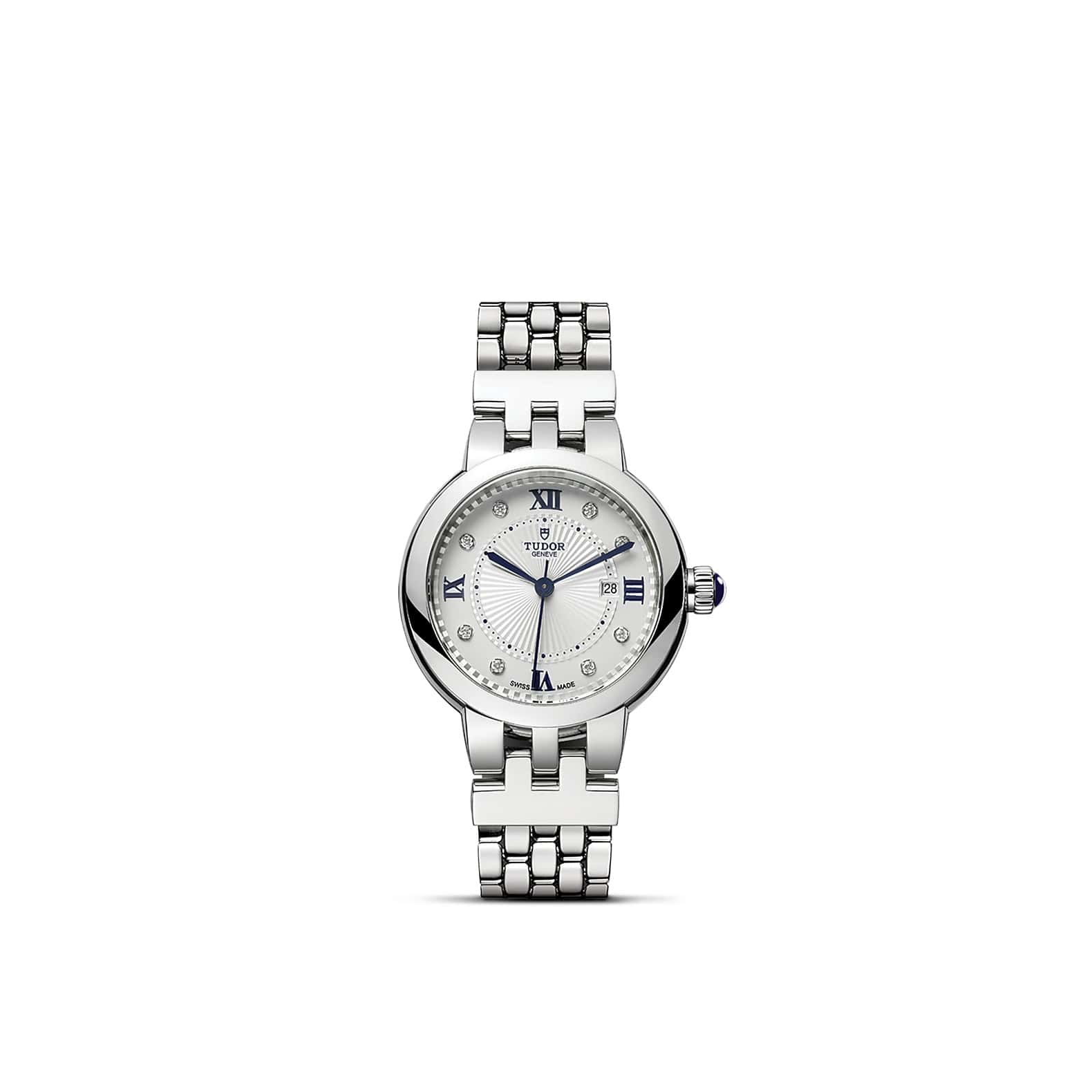 Tudor Clair de Rose mit 30 Millimeter Gehäuse und Band aus Edelstahl, Diamantindizes und silbernem Zifferblatt