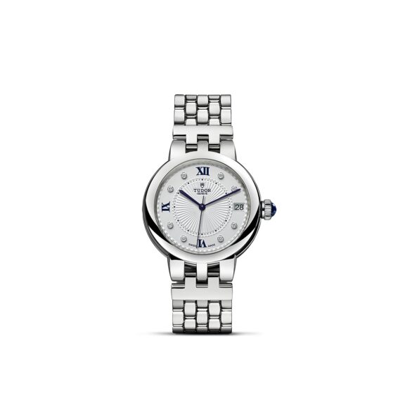 Tudor Clair de Rose mit 34 Millimeter Gehäuse und Band aus Edelstahl, Diamantindizes und silbernem Zifferblatt