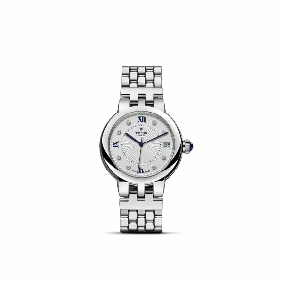 Tudor Clair de Rose mit 34 Millimeter Gehäuse und Band aus Edelstahl, Diamantindizes und silbernem Zifferblatt